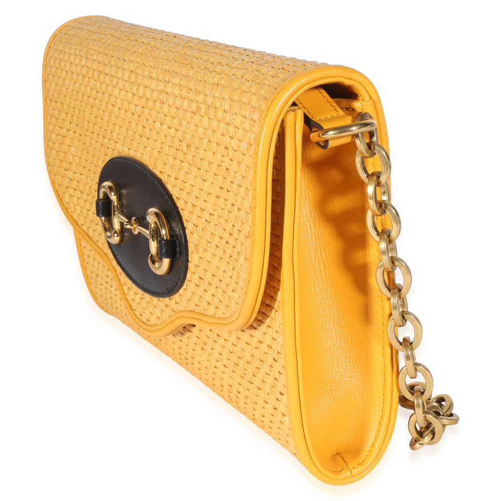 Gucci Yellow Raffia Azalea Calfskin Small Horsebit 1955 Chain Shoulder Bag - Picture 4 of 8